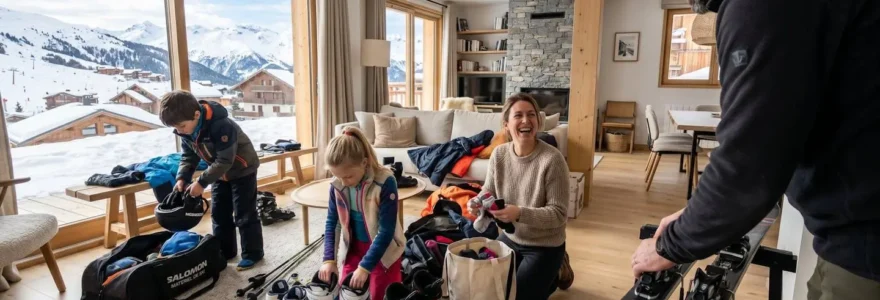 Une famille de quatre personnes range du matériel de ski dans le séjour lumineux d'un appartement de station moderne