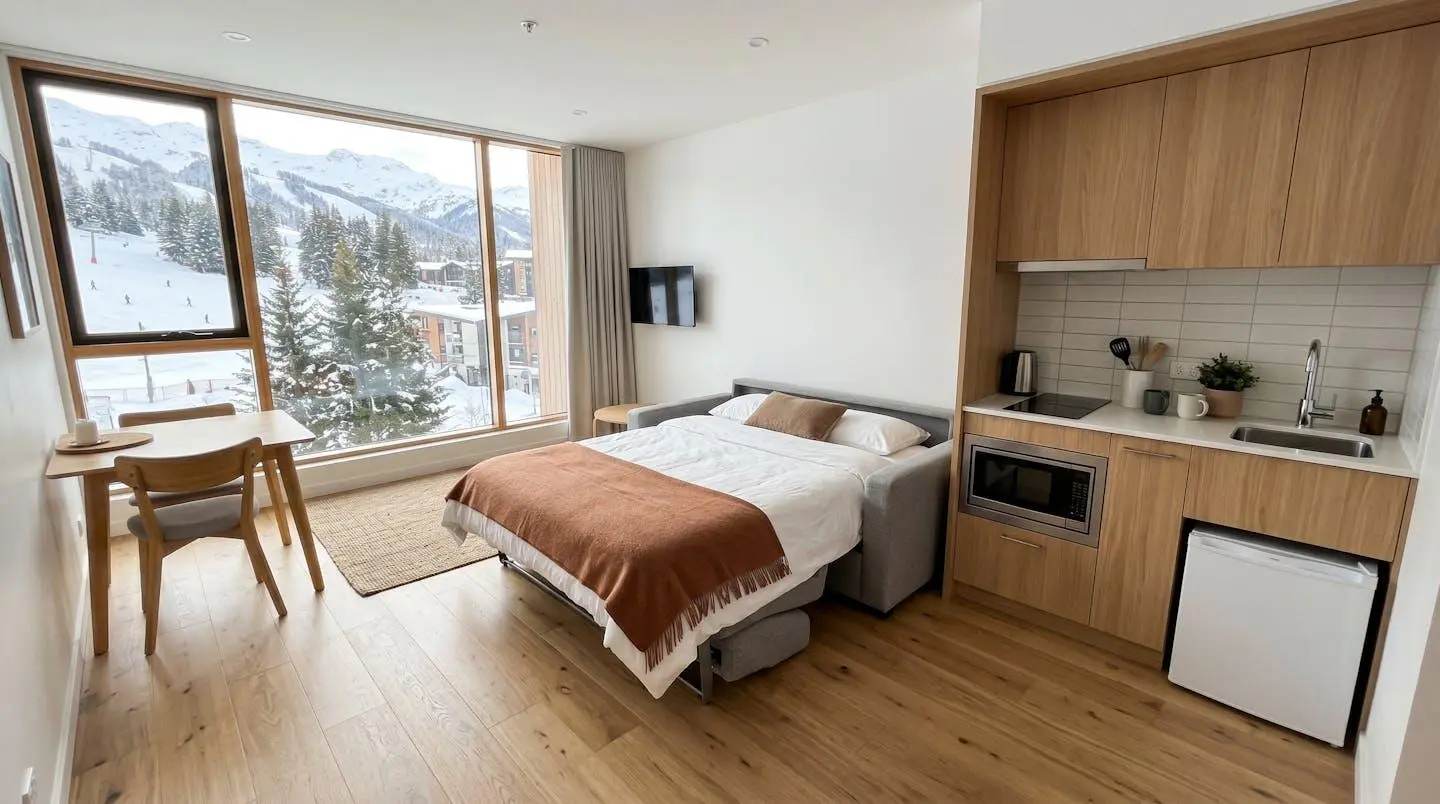 Intérieur d'un studio de montagne contemporain vide avec canapé-lit déplié et kitchenette intégrée, baigné de lumière naturelle
