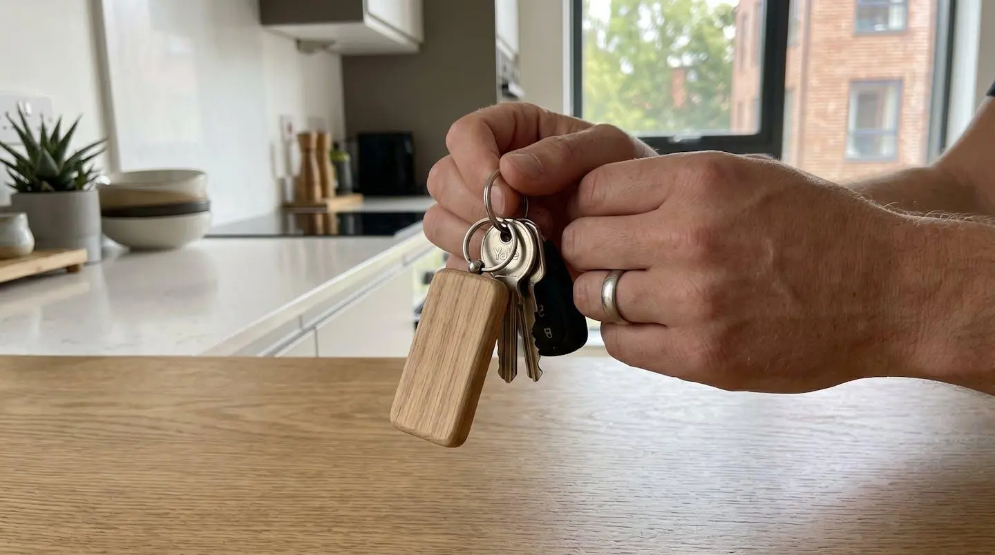 Gros plan sur des mains tenant des clés d'appartement avec un porte-clés en bois gravé, arrière-plan chaleureux flouté